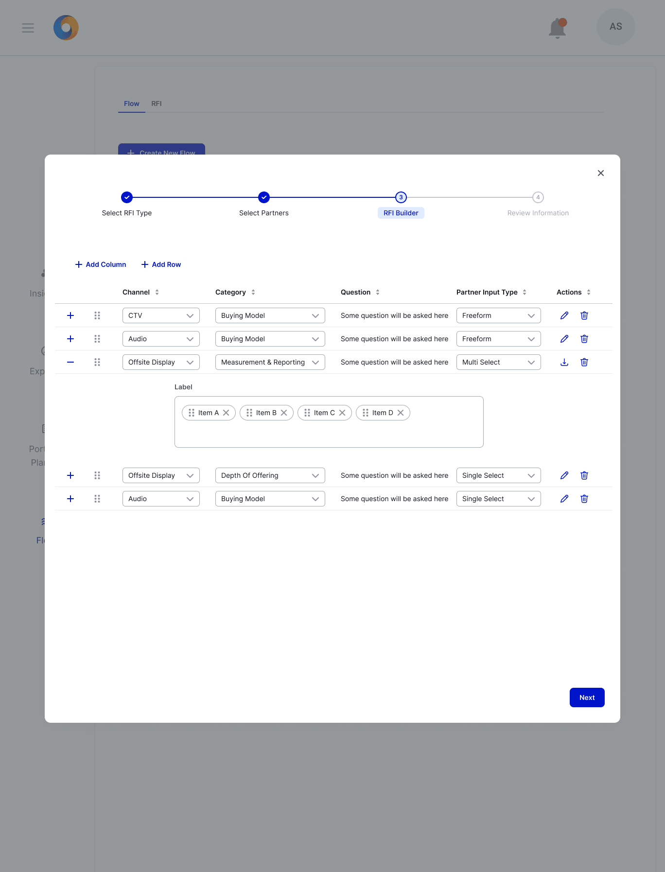 RFI Builder — table format with channel, category and question columns