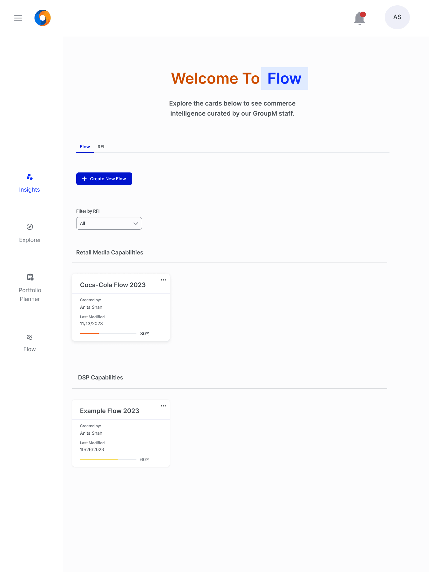 Flow homepage showing active RFIs with progress bars