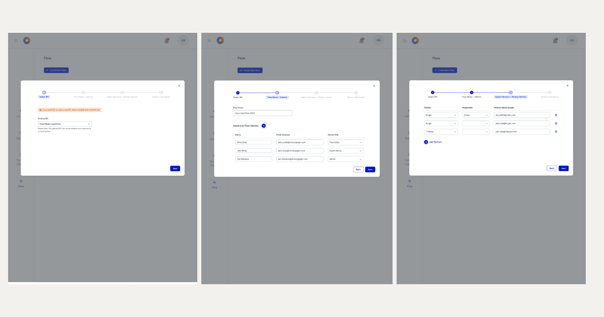 Creating a flow — stepper modal with RFI selection, admins and partner assignment